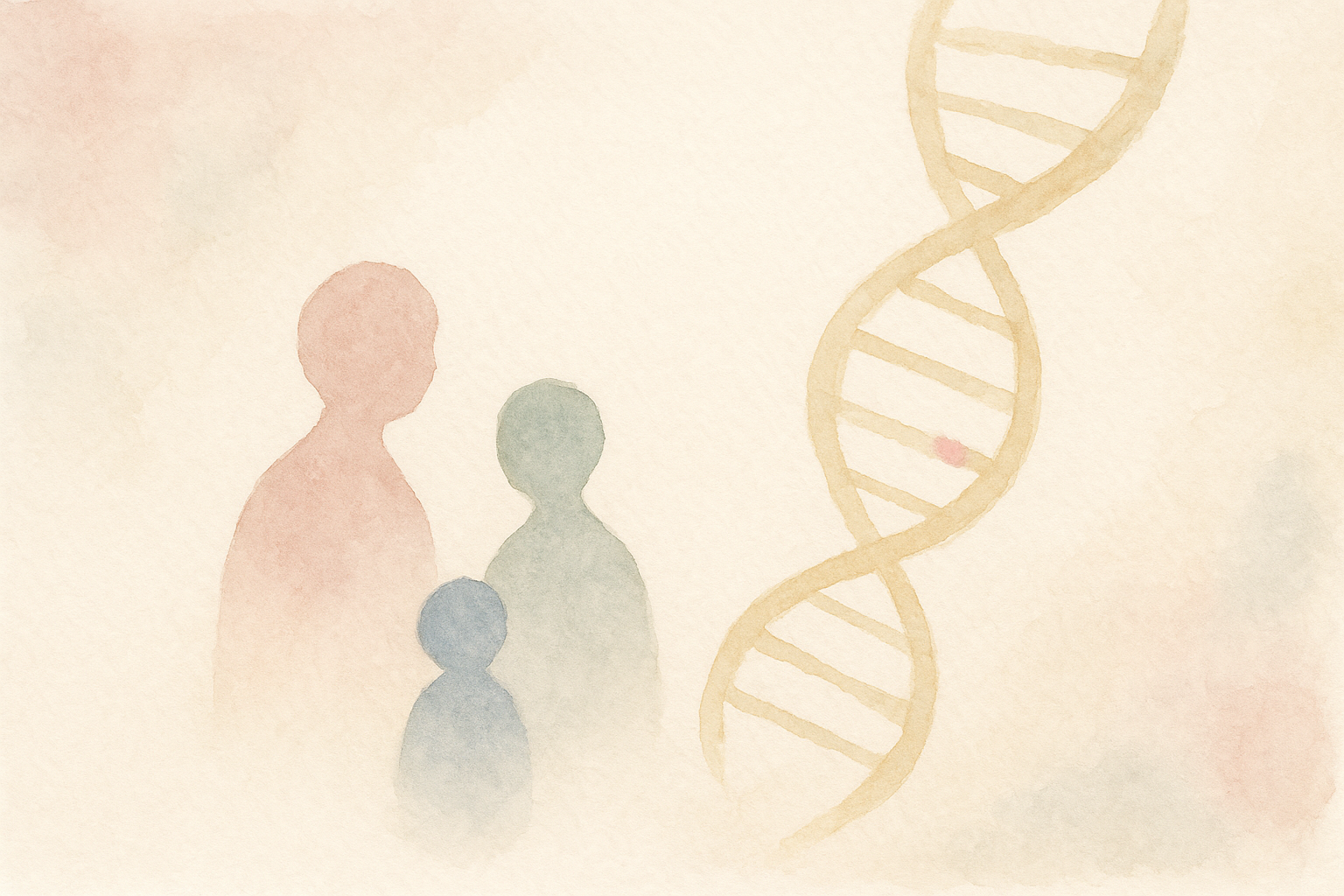 Watercolor: a soft DNA double helix in pale gold floating in